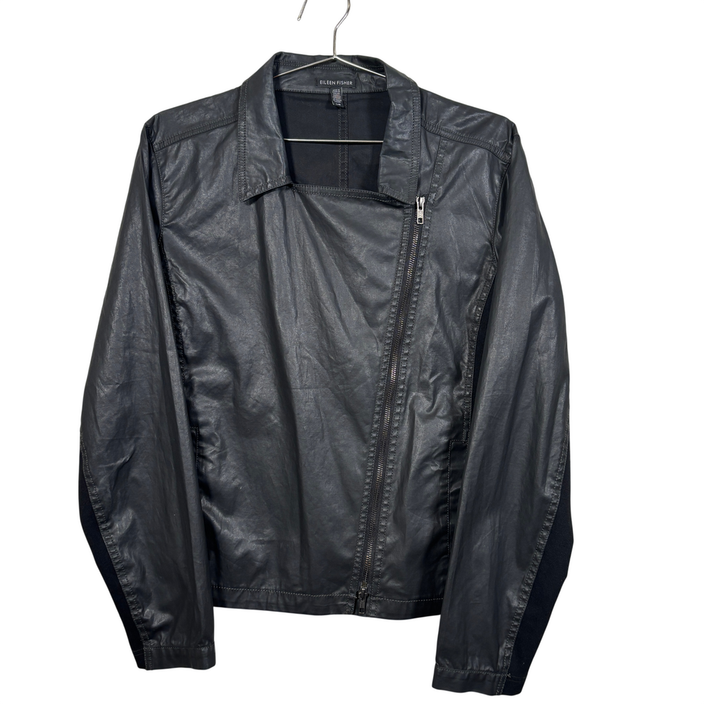 Eileen Fisher black coated jacket with asymmetrical zip front, point collar, str